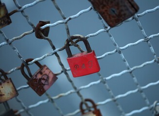 Old and new locks with names and dates written on them couples connection in love lock on a bridge as a sign of love in Dorsten Germany close up high quality instant printings