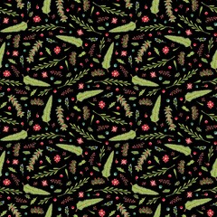 Christmas seamless pattern with pine branches, holly, poinsettia and berries
