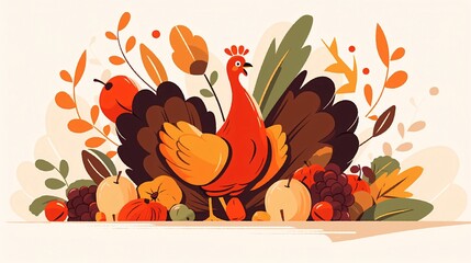Vector illustration of a happy turkey enjoying a Thanksgiving harvest, featuring the bird surrounded by bountiful fruits and vegetables - obrazy, fototapety, plakaty