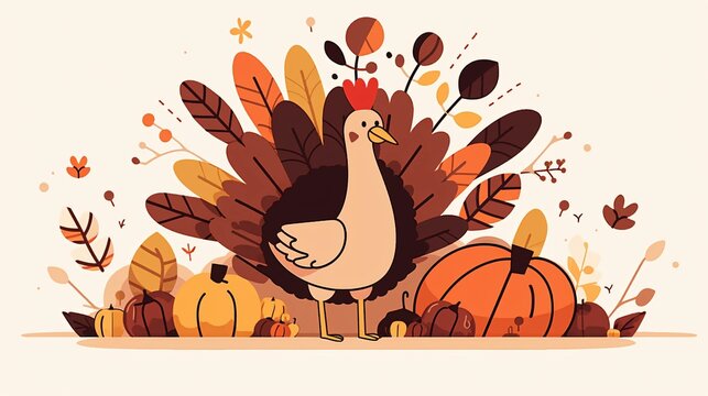 Vector illustration of a happy turkey enjoying a Thanksgiving harvest, featuring the bird surrounded by bountiful fruits and vegetables