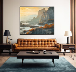 living room with a large picture and a leather sofa