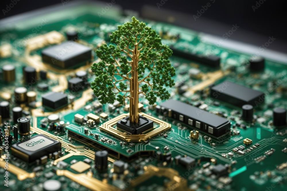 Poster tree growing on the converging point of computer. ai generative