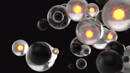 3d spheres isolated on black background. Black and glass with glow spheres. 3d render illustration - 653452511