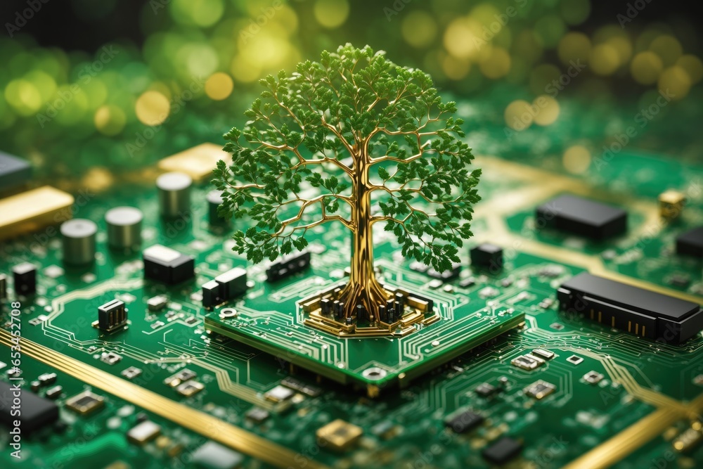 Poster tree growing on the converging point of computer. ai generative