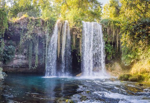 Upper Duden Waterfall is called as Alexander Falls. The paradise like hinterland of the waterfall is all in green in Antalya, Turkey. Tourism and travel destination photo