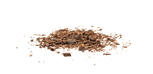 Fototapeta premium Grated Chocolate Pile Isolated, Crushed Shavings, Crumbs, Flakes, Cocoa Sprinkles