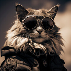 Fashion cat motorcyclist with sunglasses is posing for photo. Generated with AI technology. - 653453309
