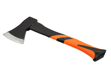 Forged steel axe with fiberglass orange handle isolated on white background