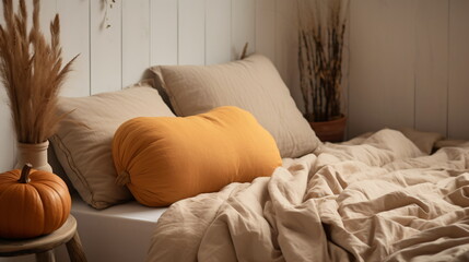 Cozy Minimalist Bedroom with Pumpkin Cushion