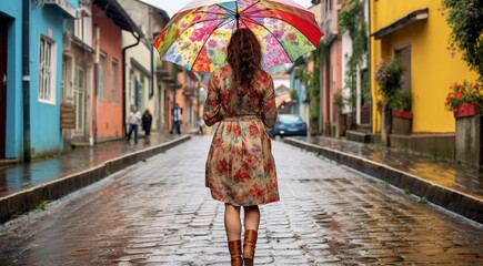lonely young girl walking on the street with umbrella, lonely woman walking on the street, lonely girl with umbrella