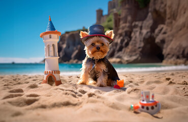Cute yorkshire playing in the beach with many toys. Generated with AI technology. Illustration.