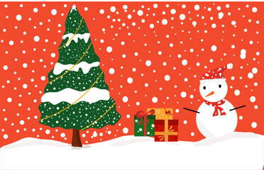 christmas card with snowman and gifts, christmas background with christmas tree and snowfall