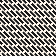 Simple black and white vector seamless pattern with diagonal dash lines, rectangles, parallel stripes. Paving stones floor texture, brick wall. Abstract monochrome background. Repeat design for decor