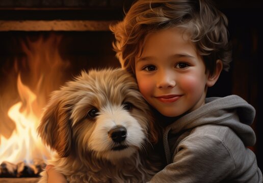 A Young Boy Holding A Dog In Front Of A Fire Place. AI Image.