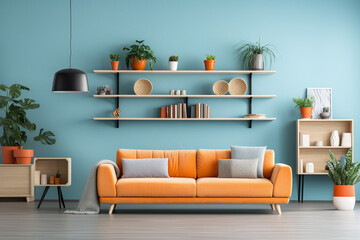 living room with orange couch wooden shelves and plant