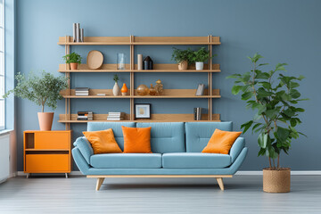 living room with orange couch wooden shelves and plant