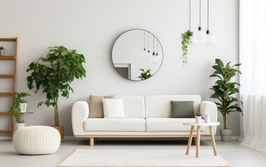 Cozy living room in a modern style with white seat sofa, table and plants. Generative AI