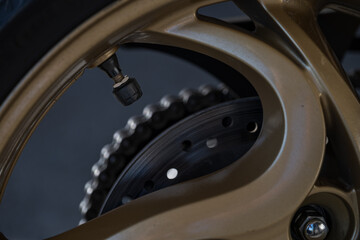 Detail of the rear wheel valve of a road bike.