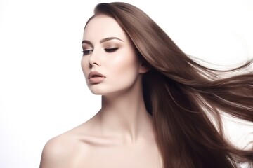 Fototapeta premium Beautiful long hair. Beauty with luxurious straight brown hair. Beautiful model on a white background.Generative AI