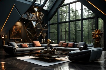 Geometric Elegance, minimalist and futuristic Contemporary Interior Designs with Geodesic Elements - obrazy, fototapety, plakaty