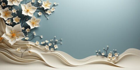 A white flower on a blue background with waves. AI image with decorative border, copy space.