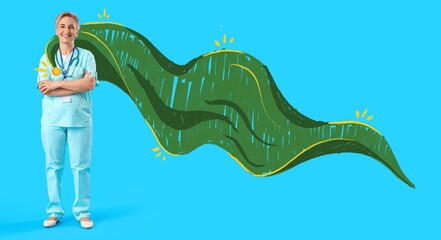 Female doctor in superhero costume on blue background