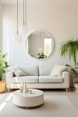 Cozy living room in a modern style with white seat sofa, table and plants. Generative AI