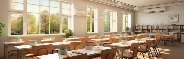 Fototapeta premium Classroom, space for learning and tutoring, school or university auditorium, concept: acquiring knowledge in an institution