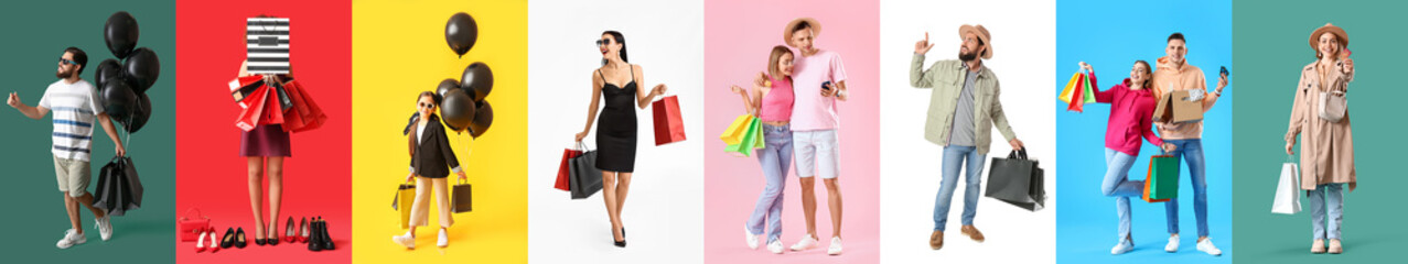 Set of people with purchases on color background. Black Friday - obrazy, fototapety, plakaty