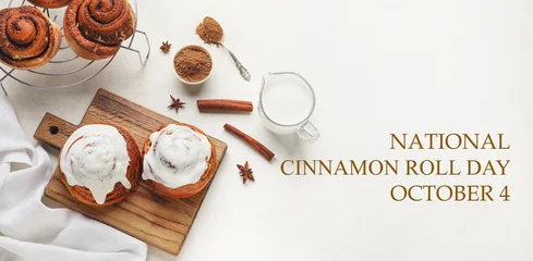 Fotobehang Composition with tasty cinnamon rolls on light background © Pixel-Shot
