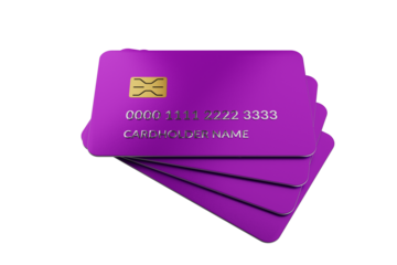 Stack of purple plastic Bank cards isolated