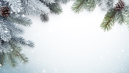 Christmas pine branch with snow, on white background with free space for text. AI generated