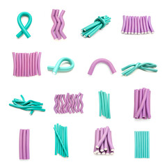 Set of many hair curlers on white background