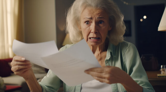 Unpleasant Revelation: Distressed Elderly Woman at Home Office Discovers Debt and Bankruptcy in Financial Report, Receiving an Upsetting Surprise in an Official Letter.