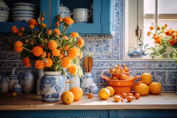 Maximalist style kitchen decorated in bright colors, with flowers and mediterranean design elements - obrazy, fototapety, plakaty