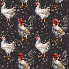 Seamless pattern of their farm chickens and roosters. Simple rural life, farm animals, nature and plants. Poultry on the ranch. Digital illustration, background