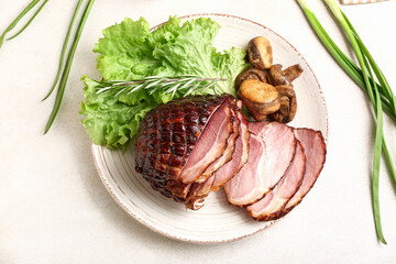 Plate with tasty smoked ham and grilled mushrooms on white background