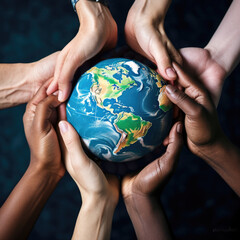 Close up humans hands holding globe. Top view. Earth day. AI generated picture.