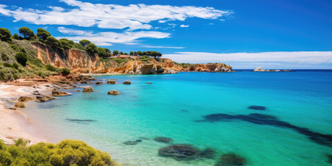 Fototapeta premium Breathtaking peninsula beach scene, with crystal clear turquoise waters lashing against the golden sandy shore. Generative AI