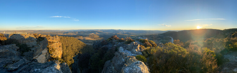 Sunset over the blue mountains, Sydney, Australia, NSW. Spectacular panoramic view from a lookout