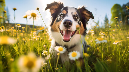 Funny portrait of a smiling Australian Shepherd dog playing in a meadow with copy space. Concept of products for protection against ticks and fleas