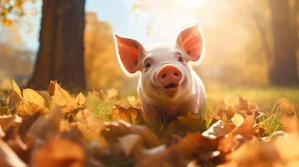 Fotobehang Happy little pig looks at the camera while sitting in a meadow with yellow leaves on a sunny autumn day. Copy space. Natural animal husbandry concept. © Tetiana