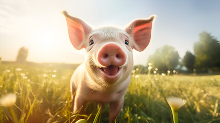 .Happy little pig looks at the camera while sitting on a green meadow with flowers under a blue sky on a sunny summer day. Copy space. Natural farming concept.