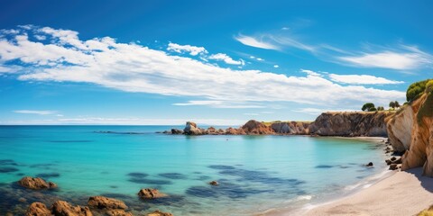 Breathtaking peninsula beach scene, with crystal clear turquoise waters lashing against the golden sandy shore. Generative AI