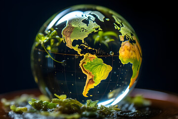 Earth globe north and south america in a glass