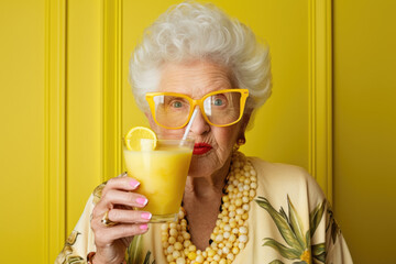 Funny senior woman drinking orange juice.