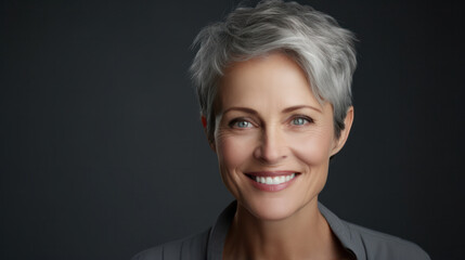 Psychological Strength: A Joyful Man in His 50s and a Confident Middle-Aged Woman with a Gray Hairdo on a Gray Background..