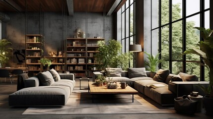 Fototapeta na wymiar Luxurious black living room interior, leather sofa and armchair, large windows and garden view
