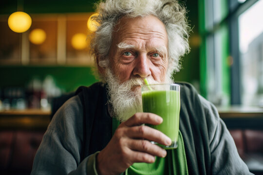 Senior Person Drinking A Glass Of Green Juice Or Smoothie In Cafe.