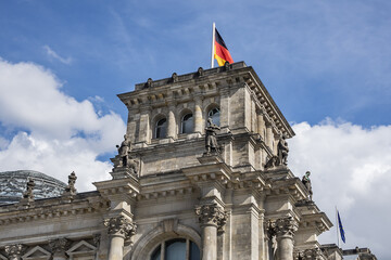 Fragments of the Reichstag building - Headquarter of the German Parliament (Deutscher Bundestag, 1894) in Berlin, Germany.